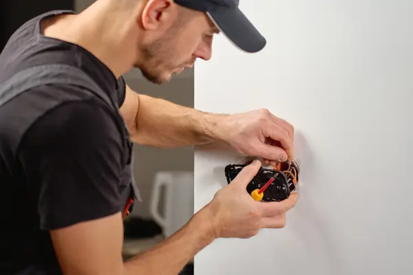 Elektriker setzt eine Steckdose in eine Wanddose