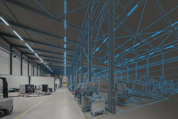 Lichtbänder in einer Lagerhalle, halb als technische Zeichnung